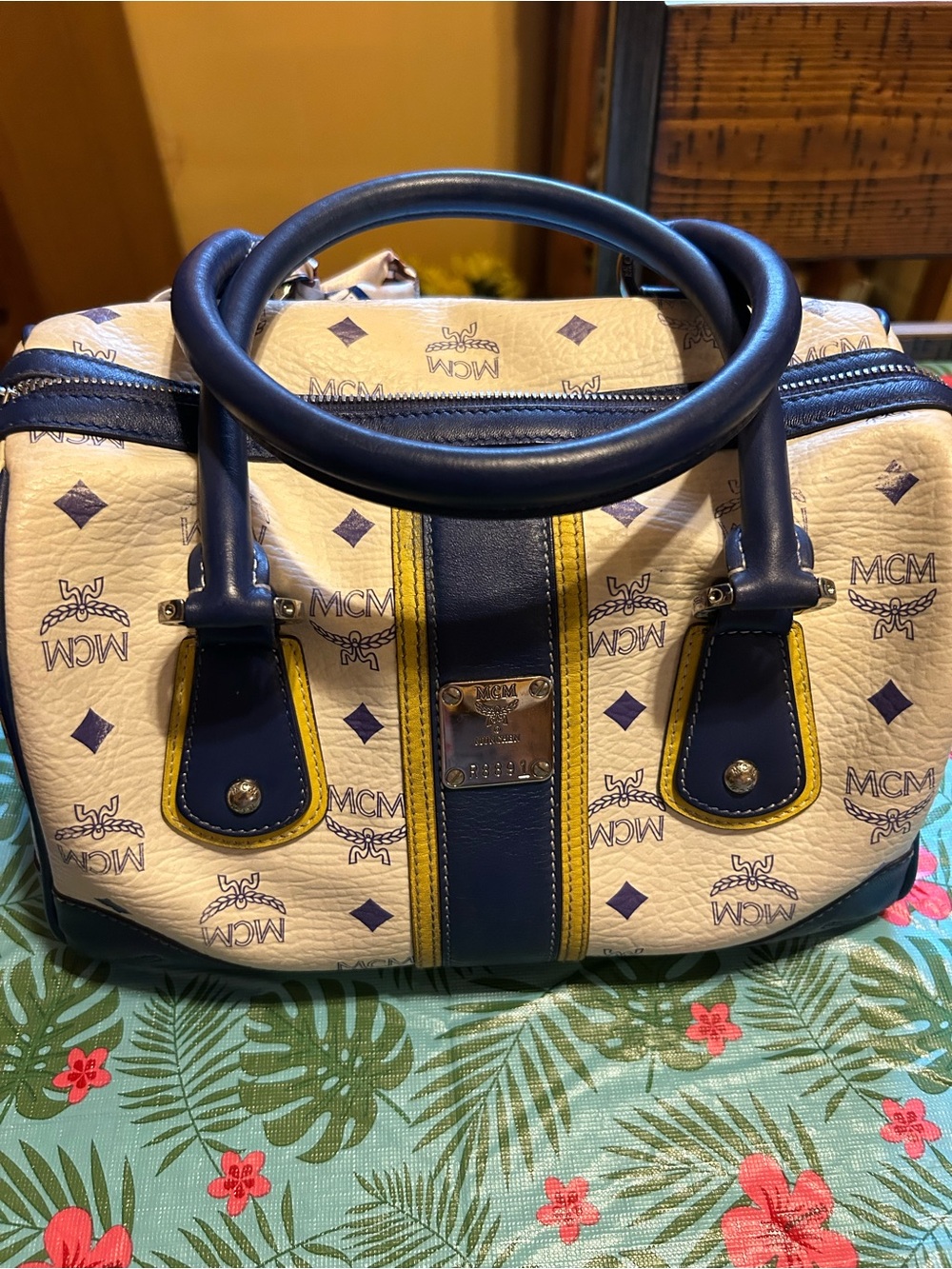 MCM white & Navy Leather Logo Bowling Bag